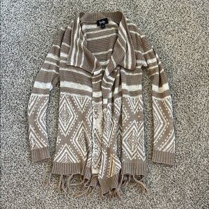 Taupe and Cream Fringe Open-Front Aztec Cardigan